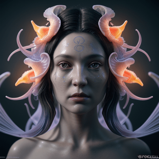 AI generated: Goddess close-up portrait ribcagel. jellyfish phoenix head, nautilus, orchid, skull, betta fish, bio...
