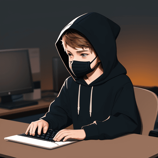 AI generated: Create boy character sitting at desk with keyboard and mouse, looking a computer screen, mask,  wear...