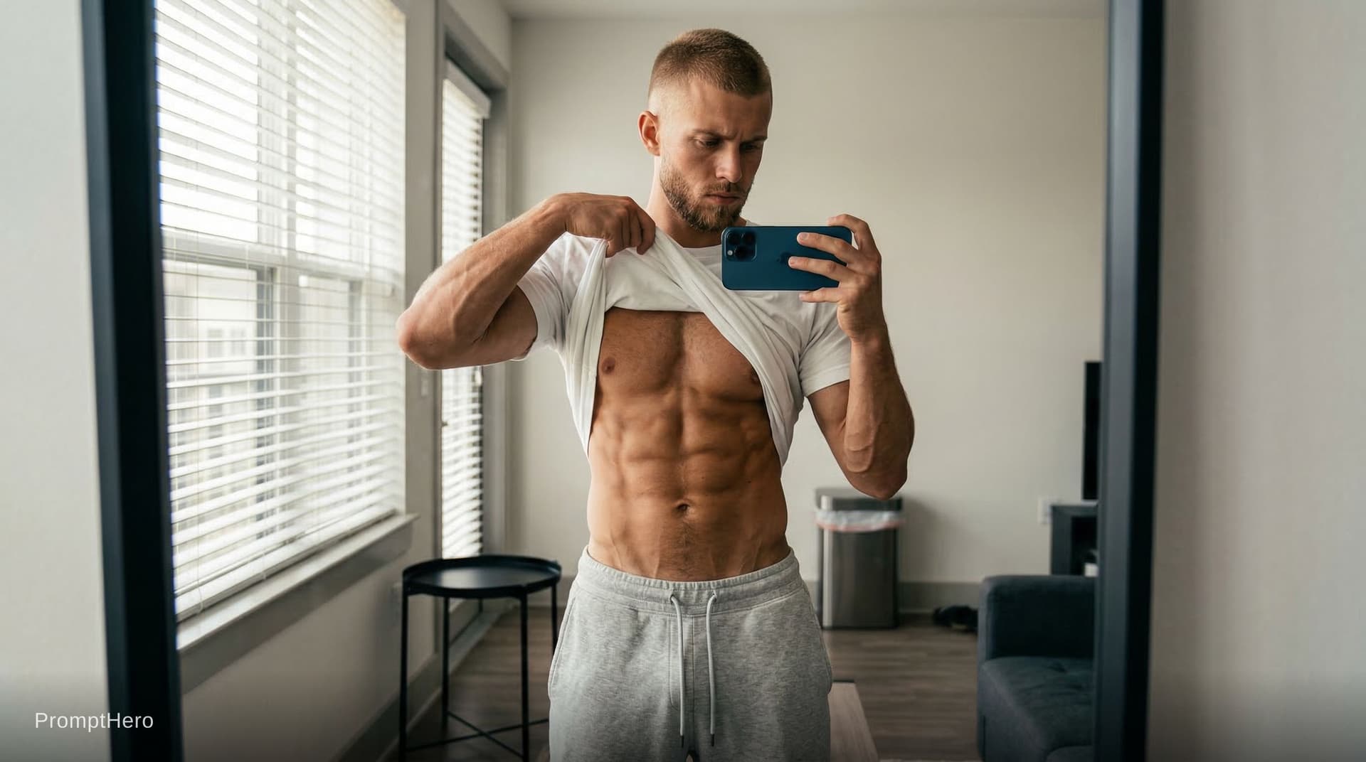 AI generated: Photorealistic full-body mirror selfie of a very muscular, lean and shredded young man in his early ...