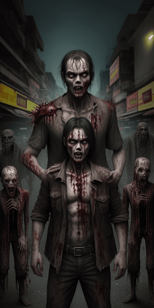 AI generated: masterpiece, best quality, 100zombies, bad man zombie focus, looking at viewer,  Bangkok city, scene...