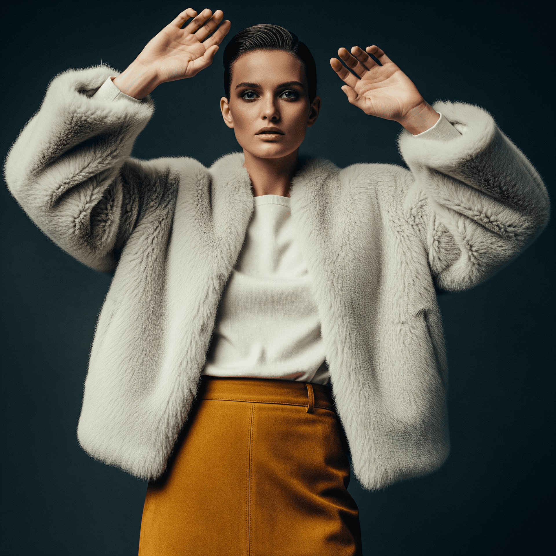 AI generated: Luxury fashion editorial photo. Woman in a cream top and mustard suede skirt, wearing an oversized, ...
