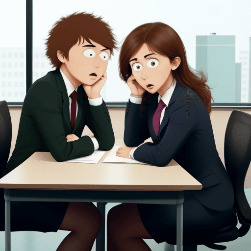 AI generated: two people sitting at a desk, opposite each other, talking, one is very surprised, flustered even. T...