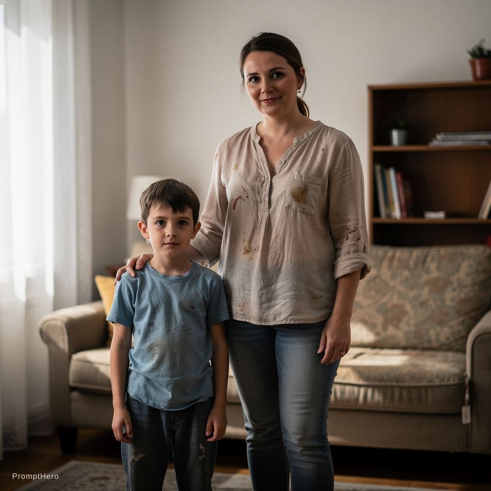 AI generated: show me realistic pic of mother looking 30 and son with old clothes but not torn like a middle class...
