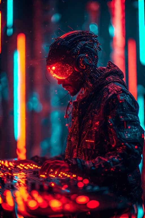 AI generated: cybernetic musician creating hypnotic tunes, light leaks, epic fantasy, vibrant color grading