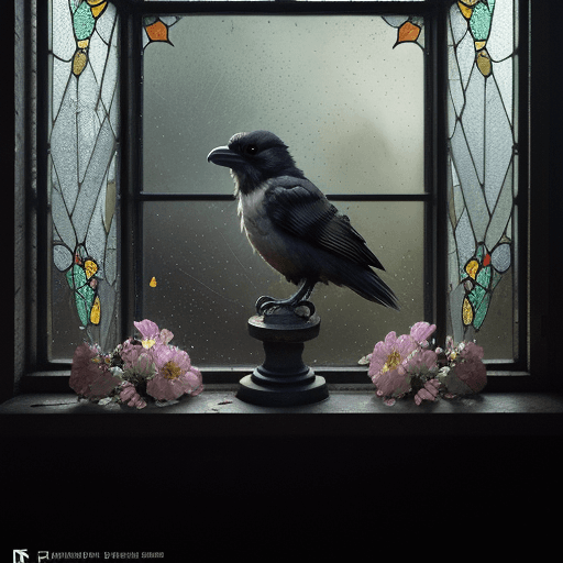 AI generated: cute chibi baby raven on stained glass windowsill surrounded by flowers by Bastien Lecouffe Deharme ...