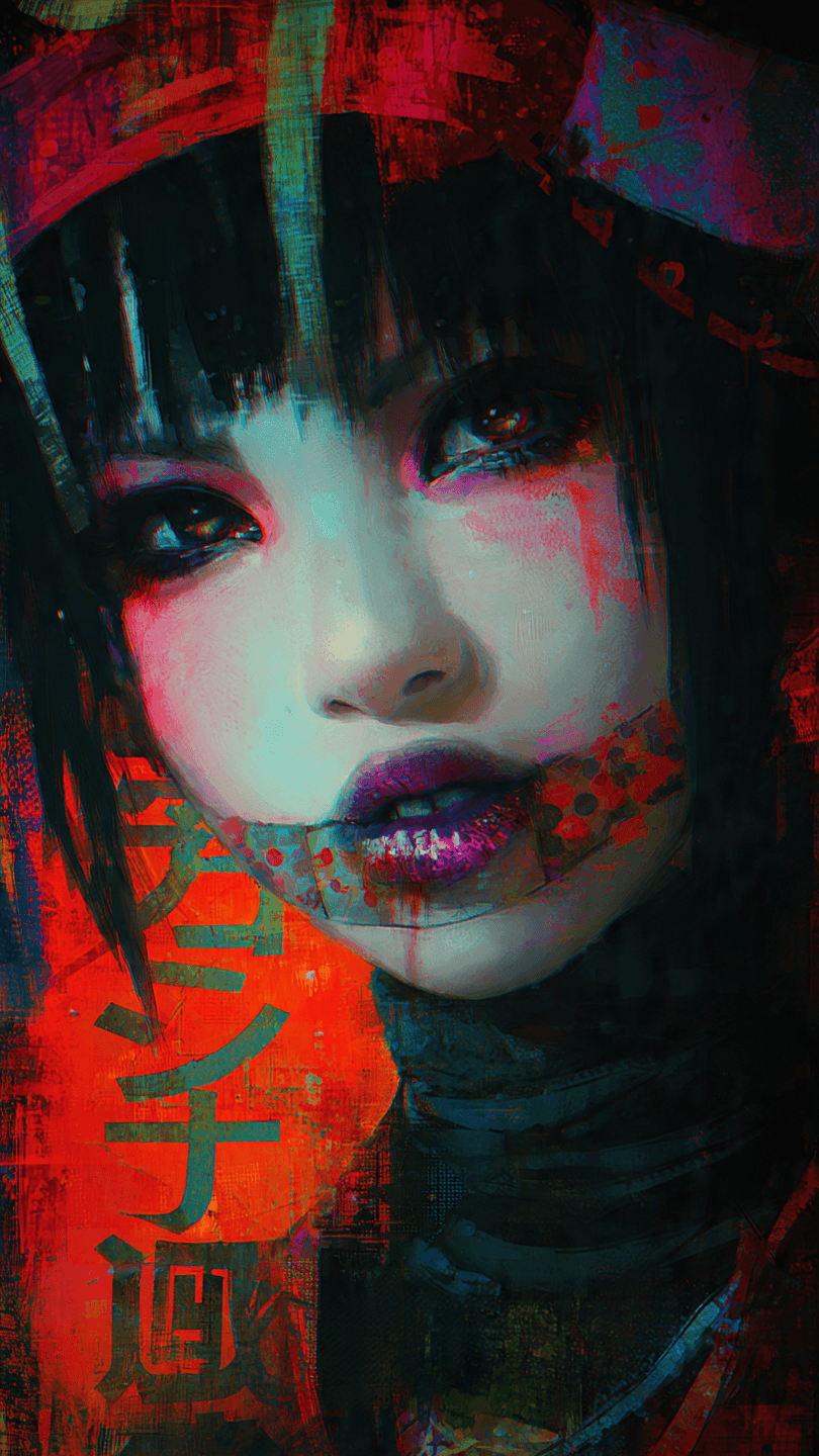 AI generated: goth punk  female,poster,brushstroke,fantasy  glitch effect,poisoned plump lips,cute,jp female