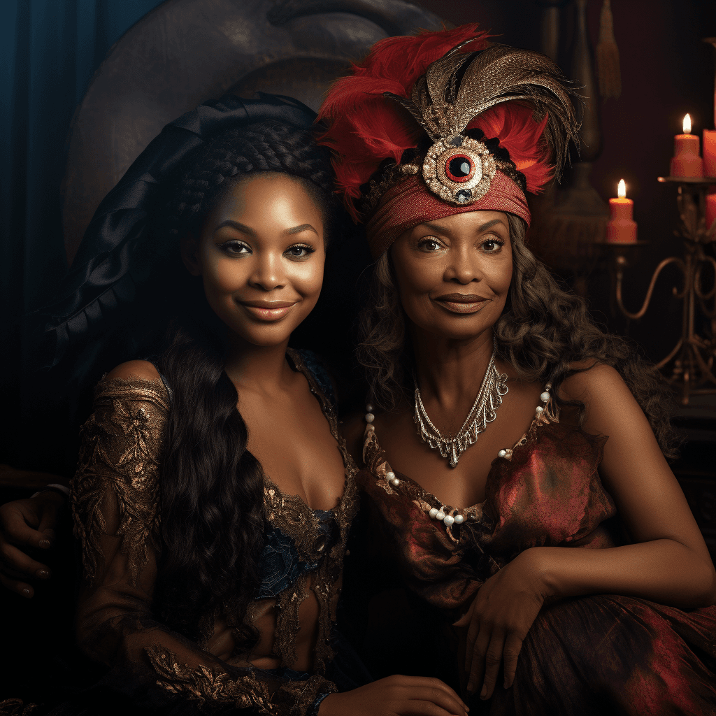 AI generated: a young black beautiful lady with rosy cheeks, Sparkling Eyes, sitted in sofa with her grand mother,...