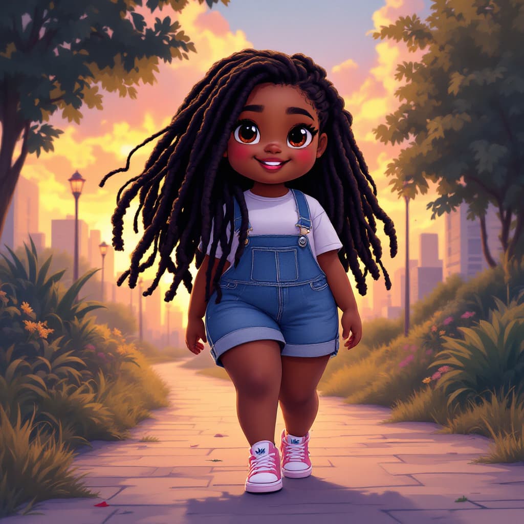 AI generated:  Anime image of a short chubby and curvy African girl with brown skin, neat long black dreadlocks, b...