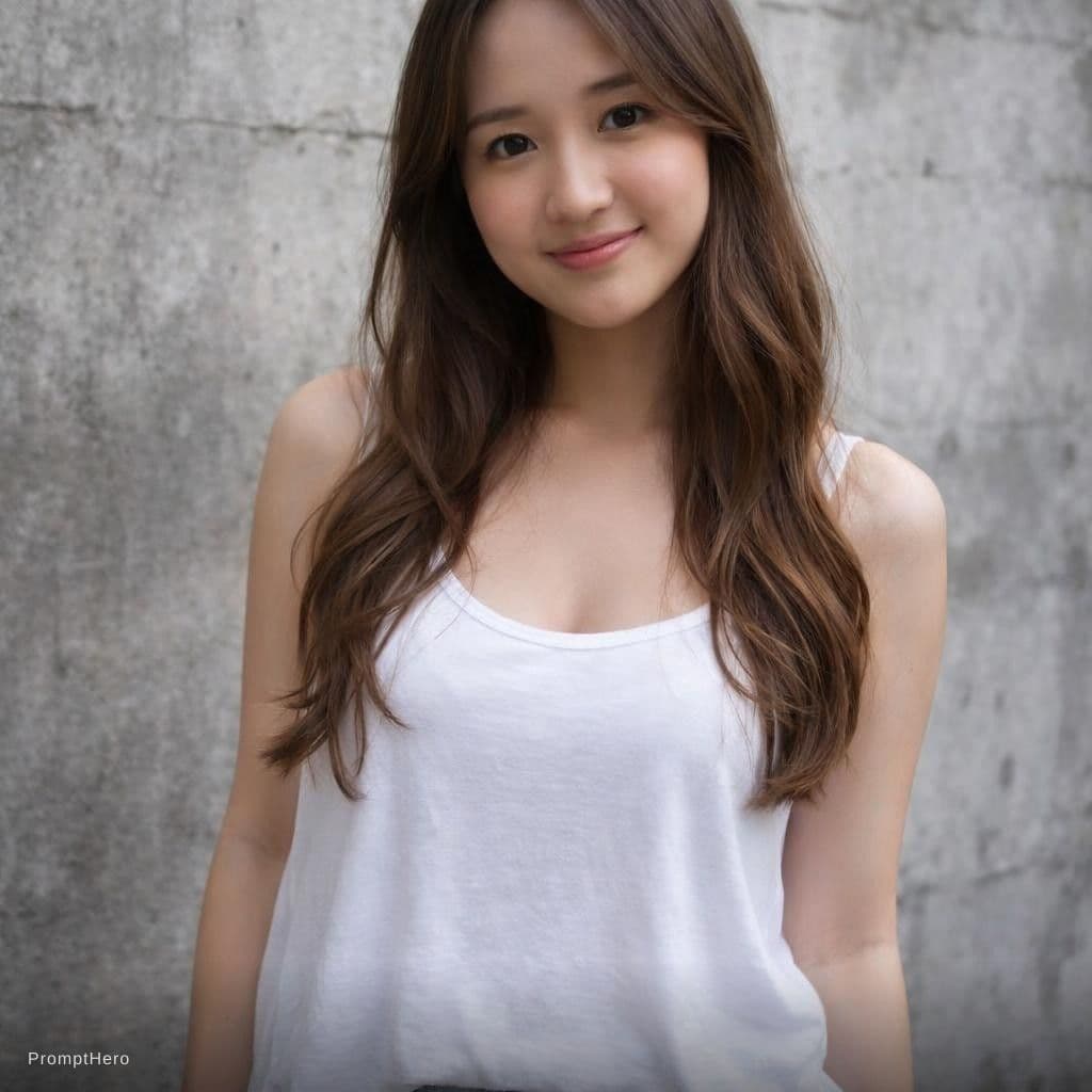 AI generated: A woman with long brunette hair and fair skin is captured in a candid moment. She's wearing a very l...