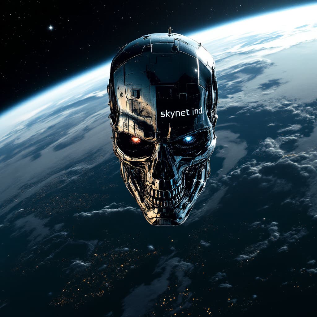 AI generated: a satellite in orbit that is similar to a t-800 terminator's head morphing into a spacecraft , looki...