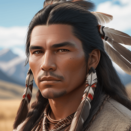 AI generated: handsome native american man, perfect symmetrical face, wild west environment, Montana landscape, ph...
