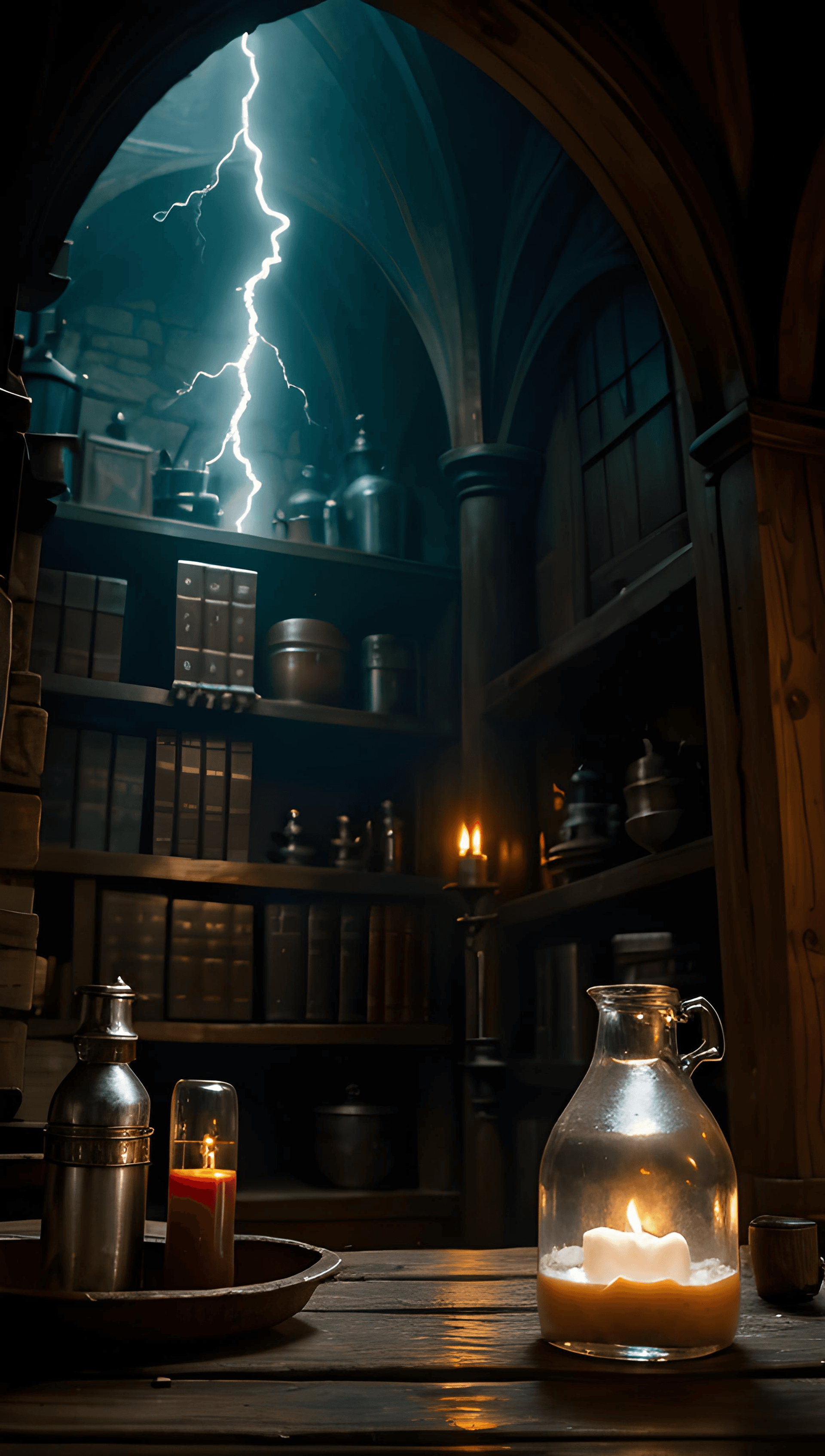 AI generated: inside wizard's Alchemist Workshop, depth of field, medieval style, moody lightning, 8k resoluton, d...