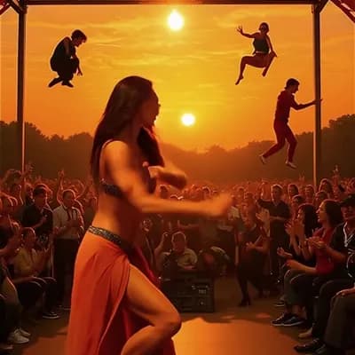AI generated video: She is standing in a crowd, dancing salsa dances to salsa music, twirling and dancing happily as the...