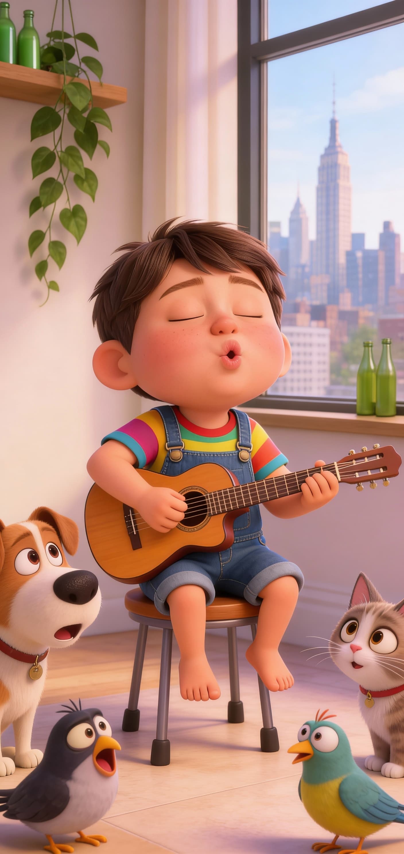 AI generated: A chubby little boy playing guitar with a deeply emotional and exaggerated expression, eyes closed, ...