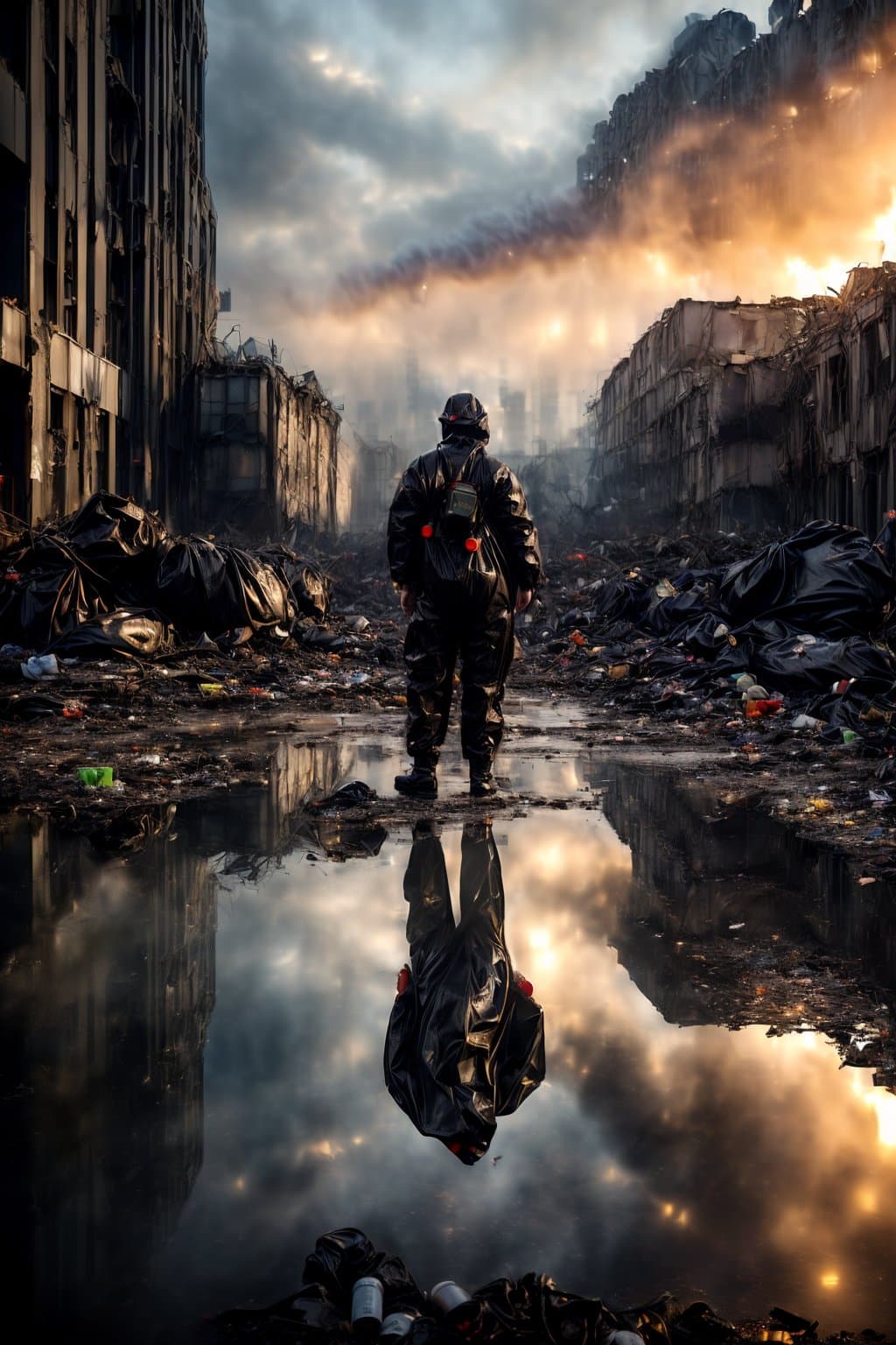 AI generated: (People in chemical suits:1.3), (remove garbage into large black bags:1.3), (radioactive puddles and...
