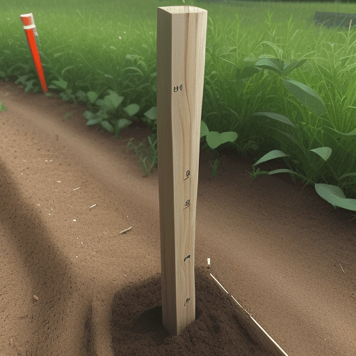 AI generated:  wooden stakes planted in the ground, tip upwards, aligned and spaced 1.5m apart, they measure 1.5m ...