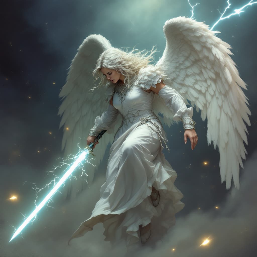 AI generated: An Angel, with a lightning sword, dressed in white, 