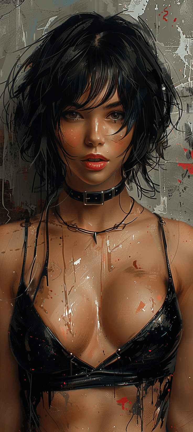 AI generated: A beautiful Asian woman with short black hair in the style of an anime character wearing a choker ne...