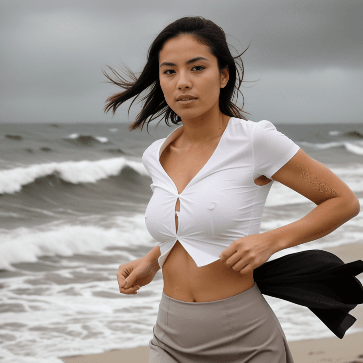 AI generated: action packed, female busty weather reporter with topless in white deep cut blouse and black skirt, ...