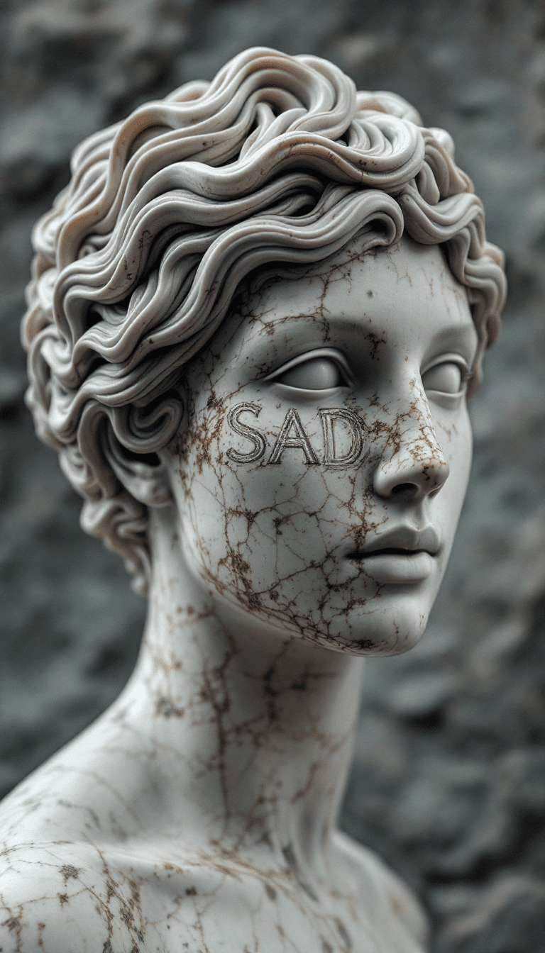 AI generated: Microscobic view of a marble hair on a semi human statues head in shape of typography “SAD”,