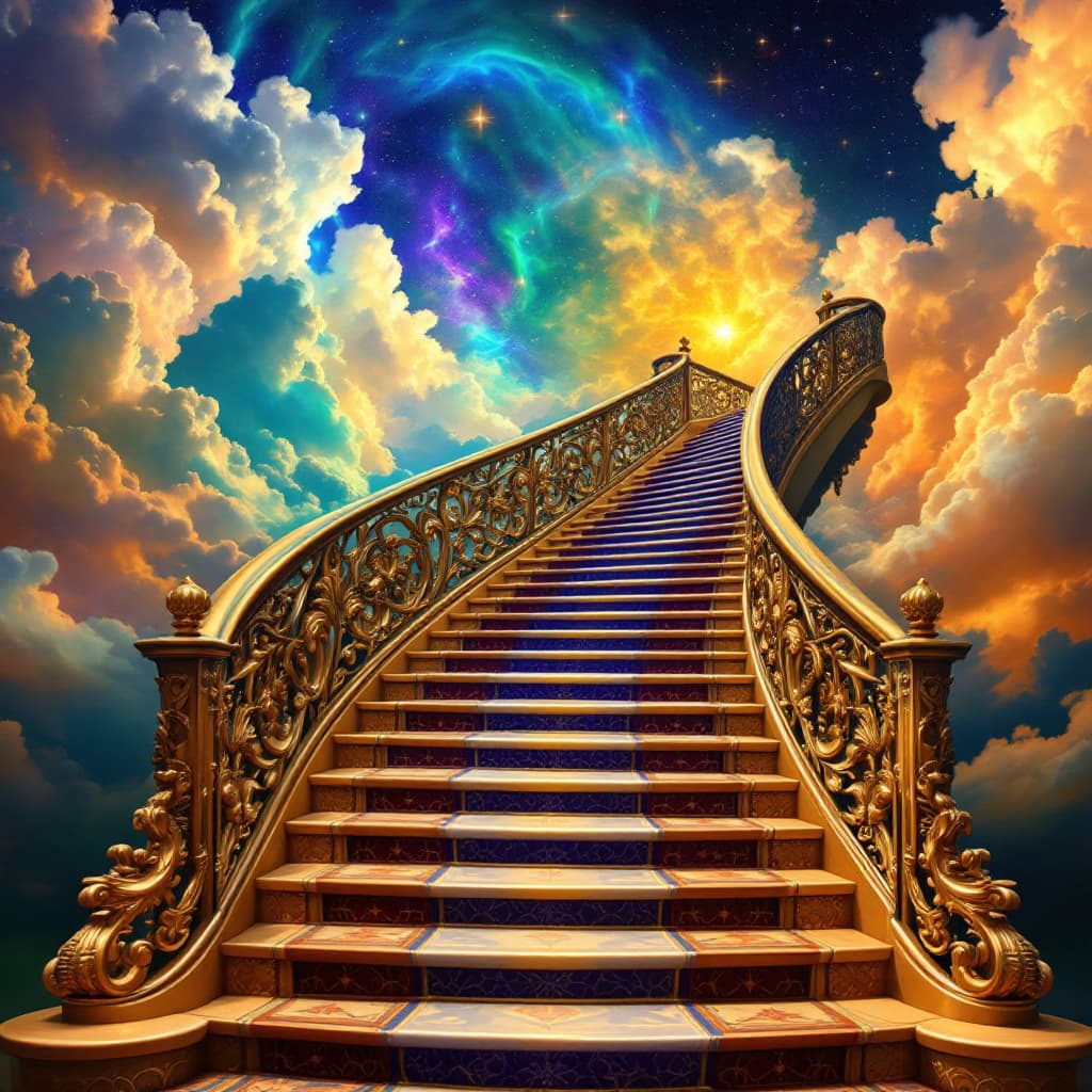 AI generated: A BEAUTIFUL ORNATE STAIRCASE GOING UP TO HEAVEN, IN RICH COLORS  

