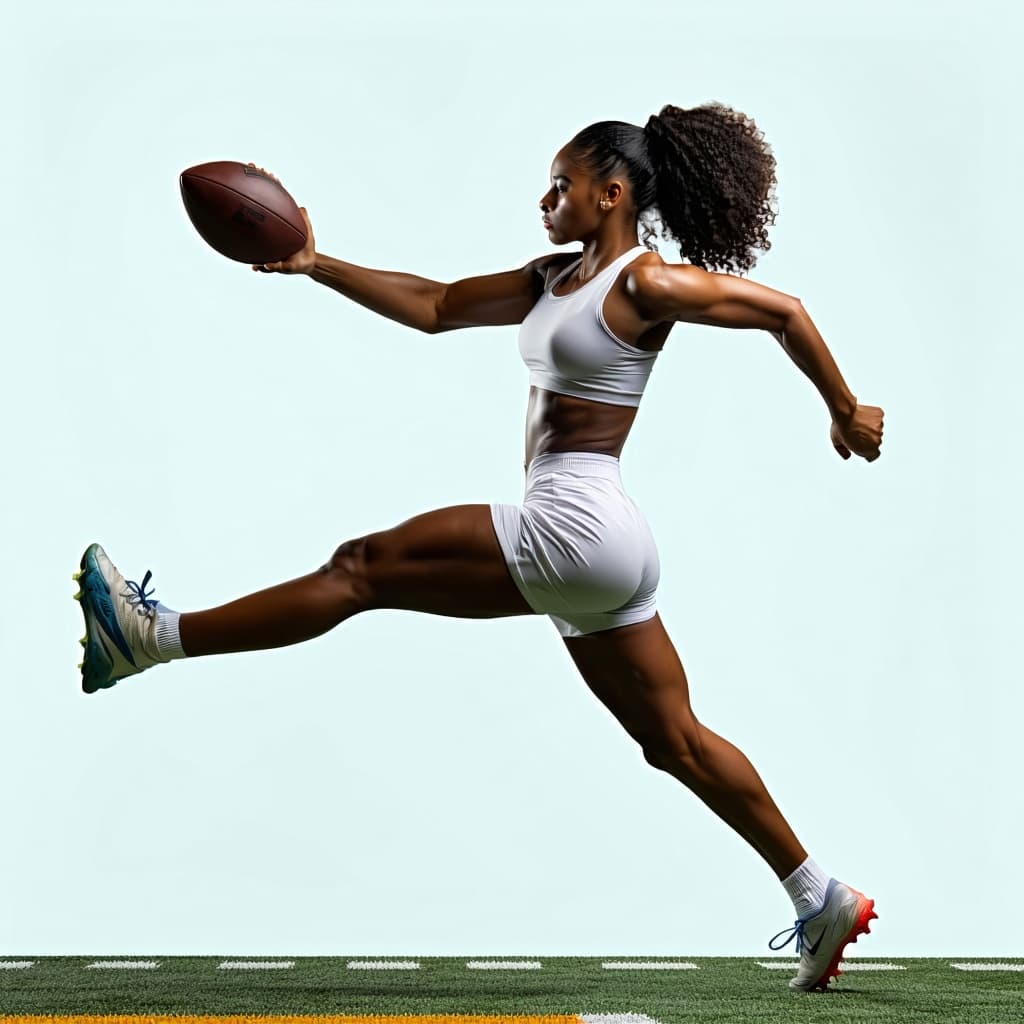 AI generated: Create this girl standing up and turns around to catch a football and she kickes it back