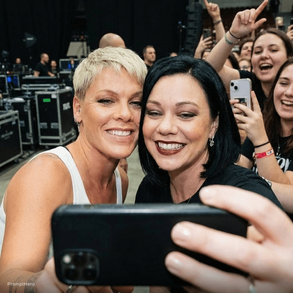 AI generated: with P!nk backstage at a concert, excited fans vibe