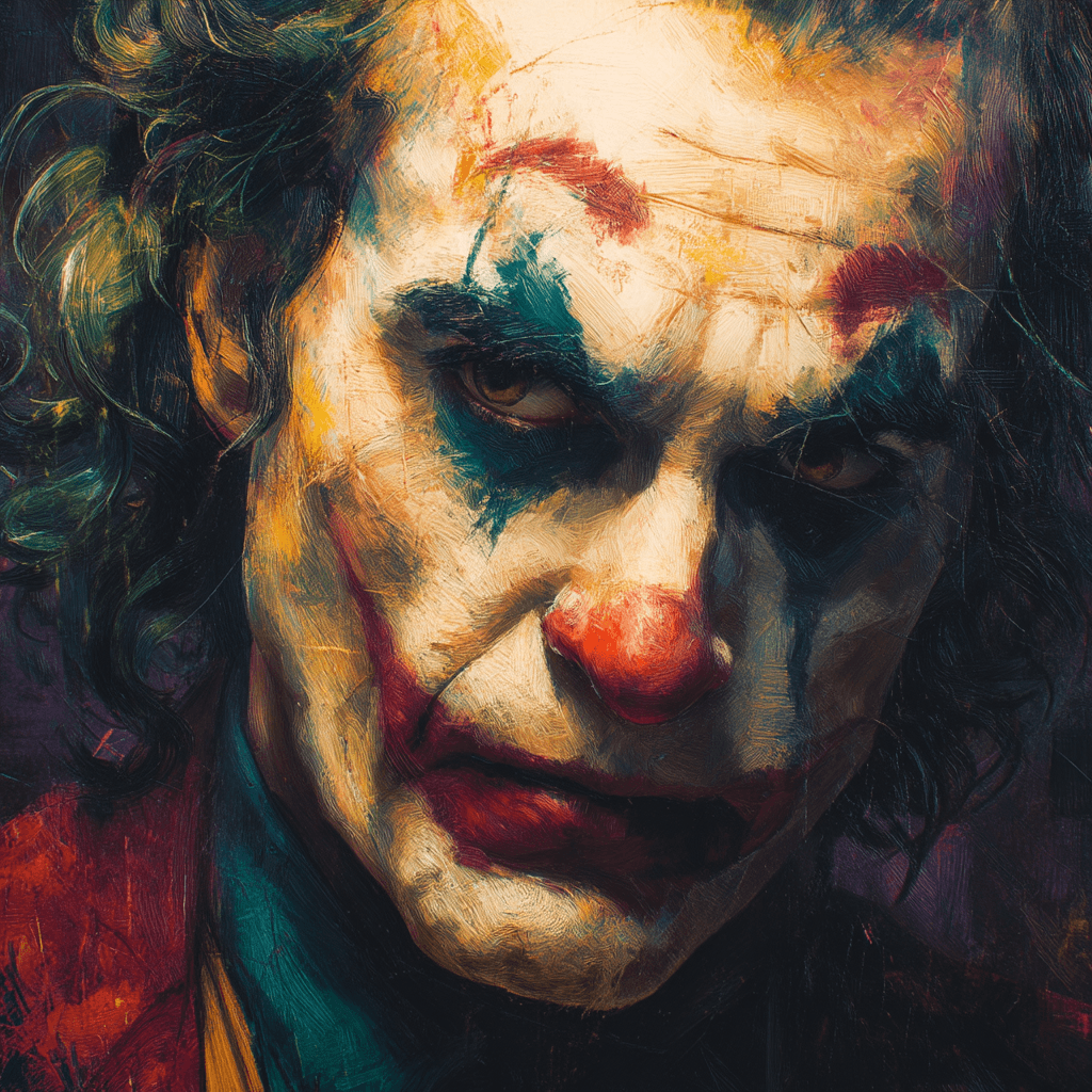 AI generated: Close-up portrait of the Joker, Caucasian, adult male, with vibrant, stylized makeup. Intense, expre...