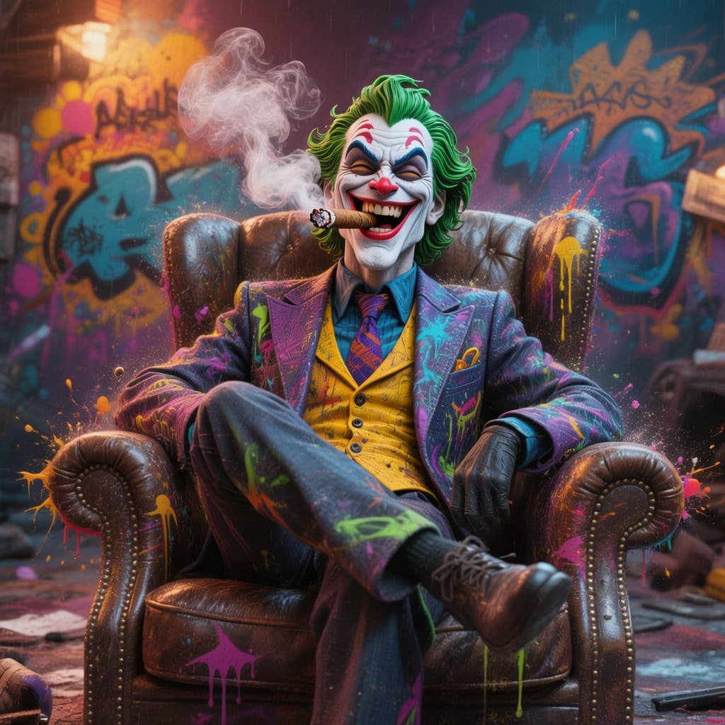 AI generated: a full body front pov 3d illustration of the joker lounging comfortably in a leather chair smoking o...