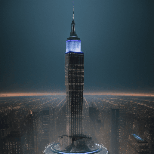 AI generated: aerial view of a giant fish tank shaped like a tower in the middle of new york city, 8k octane rende...