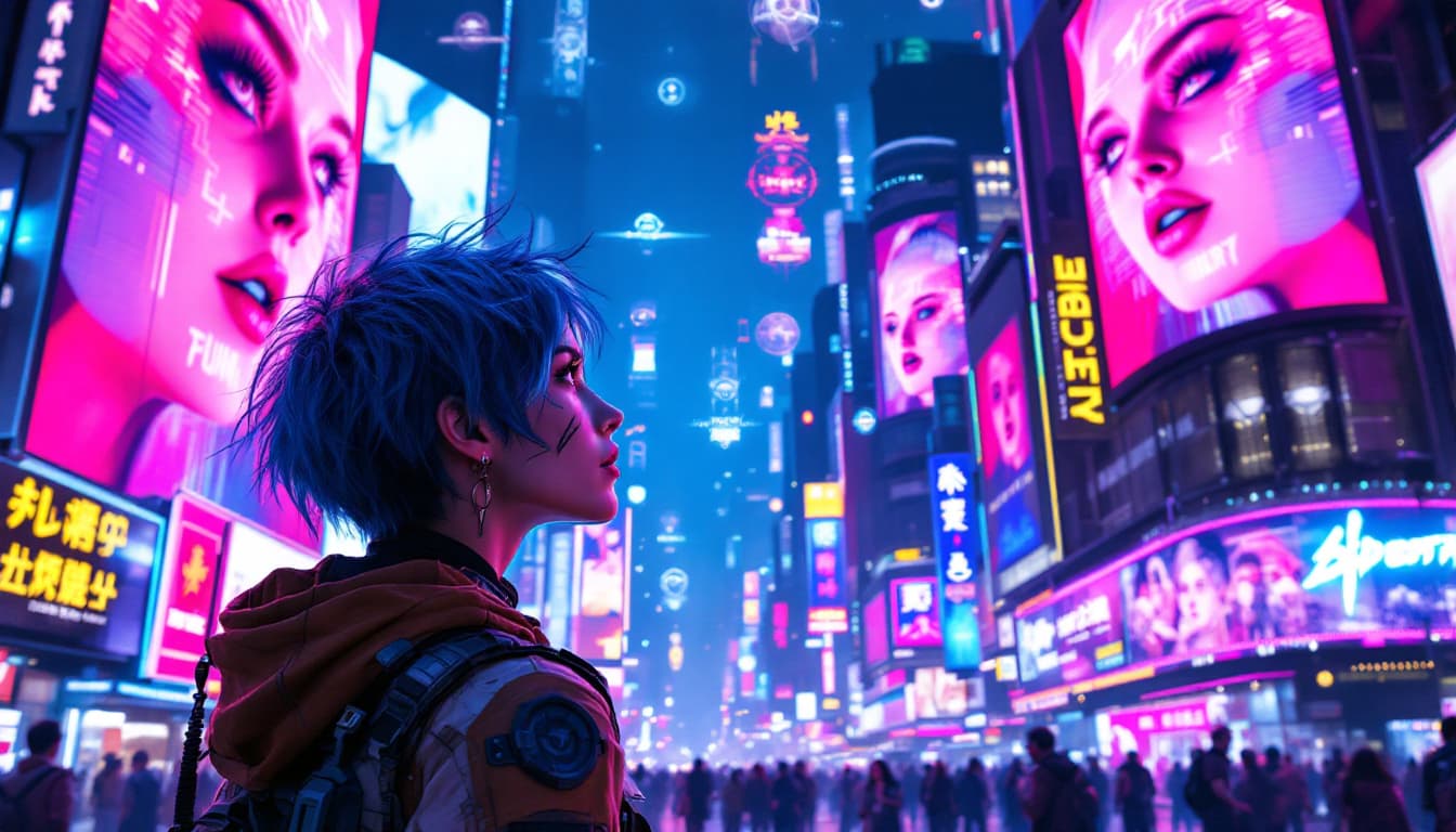 AI generated: "A cyberpunk city at night, neon lights illuminating the streets, with a futuristic young woman stan...