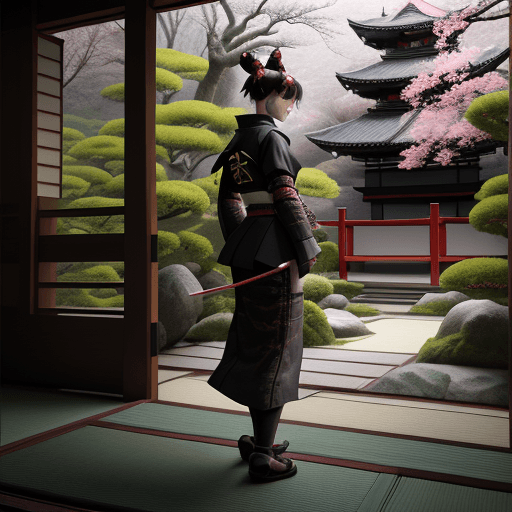 AI generated: a samurai calico cat::3 wearing techwear samurai armor::2 japanese garden::2, in the style of ethere...
