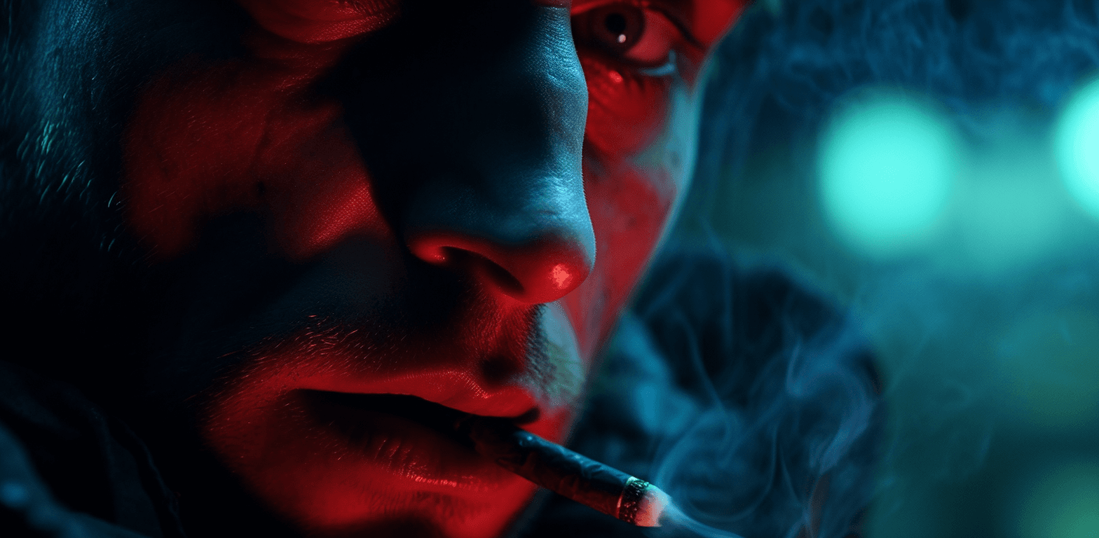 AI generated: Close up of male cigarette smoking at night time, in the style of Ridley Scott's Blade Runner cinema...