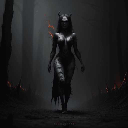 AI generated: Imagine a demon woman, the very essence of evil. Her attire is something out of a horror movie, made...