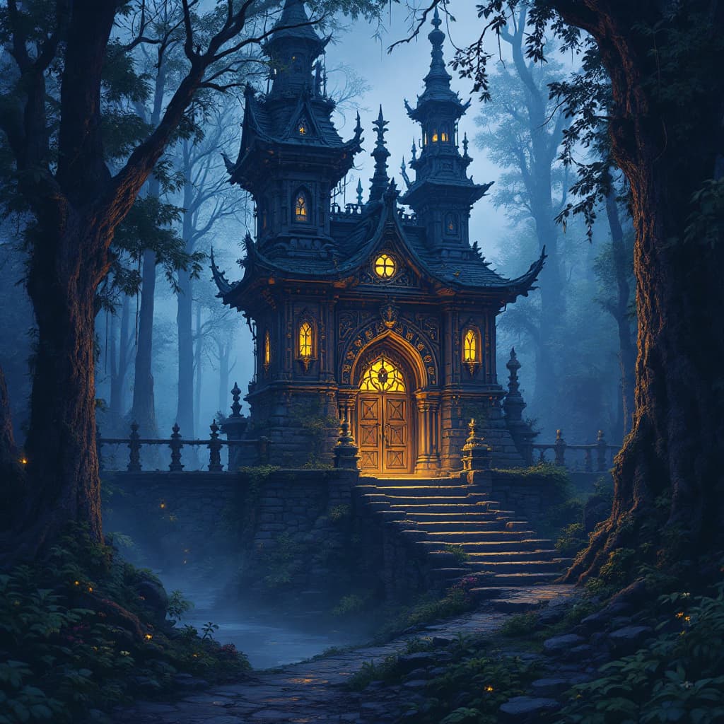 AI generated: Mystical forest temple at twilight, fantasy realm --ar 1:2 --ar 2:3