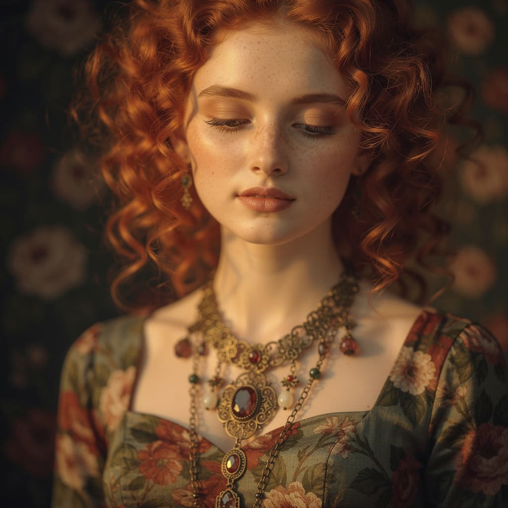 AI generated: A close-up portrait of a woman with curly red hair, eyes closed, and freckled skin, wearing a low-cu...
