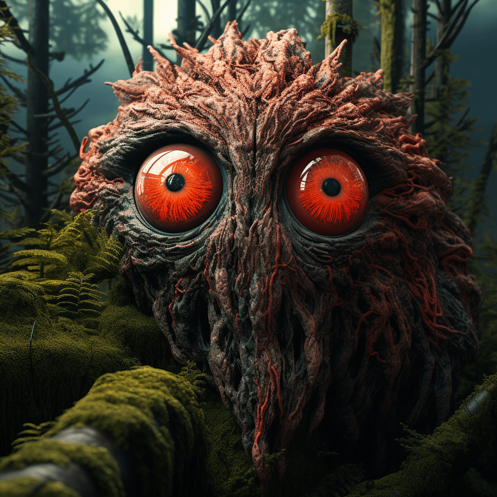 AI generated: a scary looking wood creature with a red eye, in the style of filip hodas, daz3d, sandy skoglund, na...
