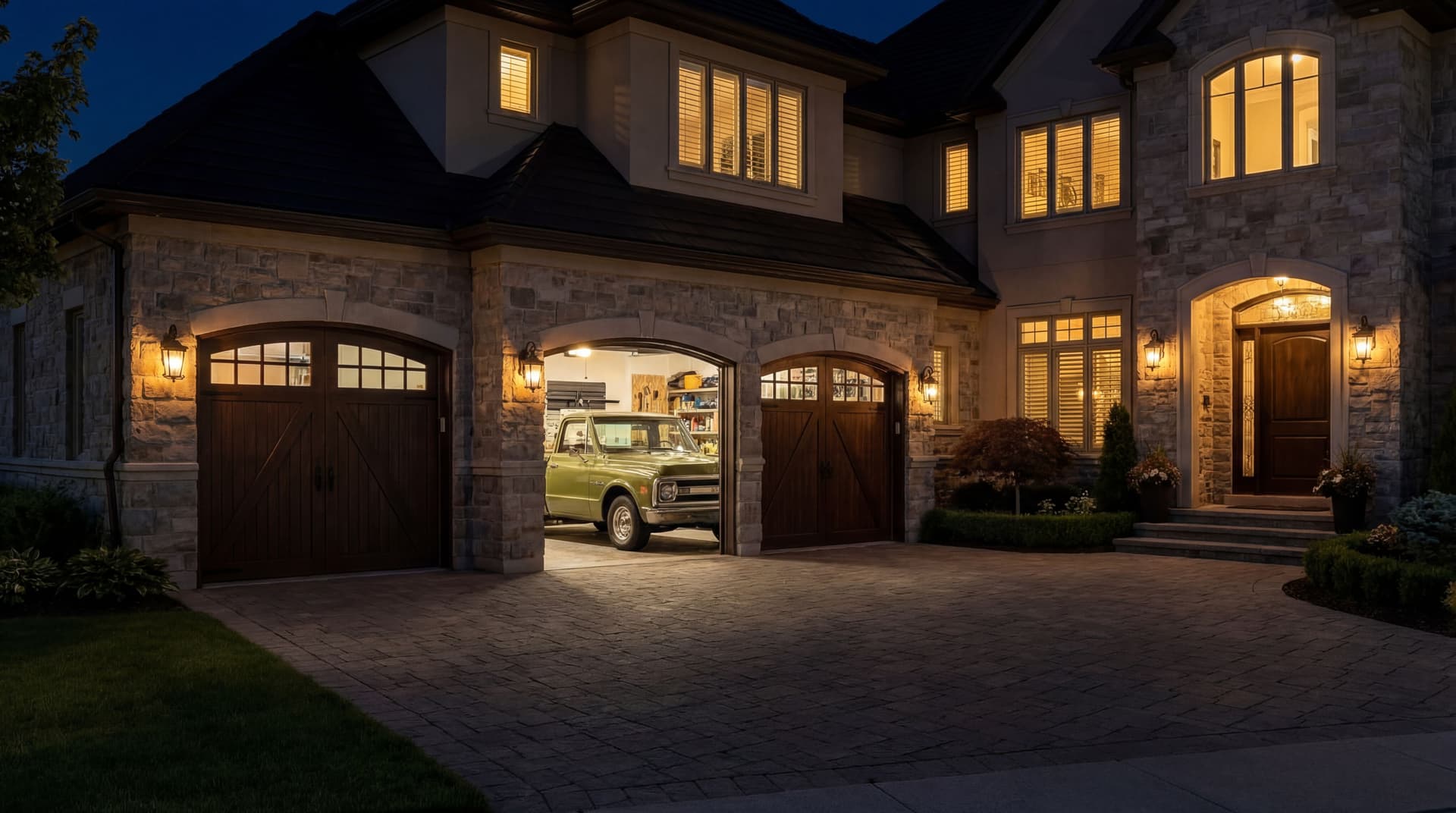 AI generated: The house scene is at night. There is a vintage olive green pick up truck parked inside one of the g...