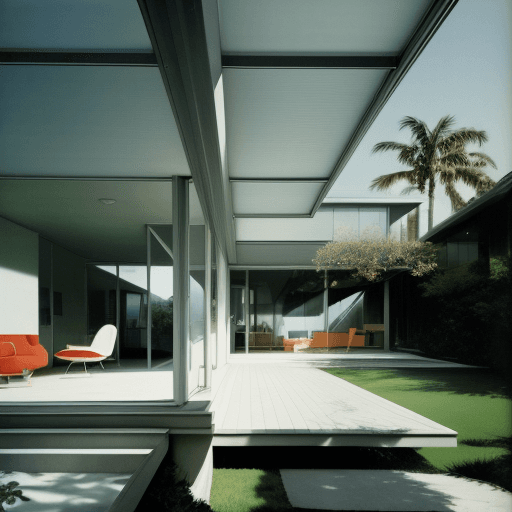 AI generated: Hyper realistic eye level exterior photo of a mid century modern style house overlooking the ocean, ...