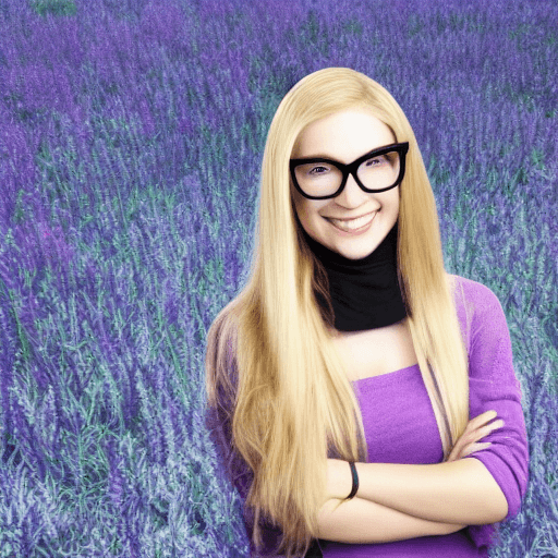 AI generated: Hyper realistic woman, blond semi long hair, rectangular black glasses, wearing purple and black clo...