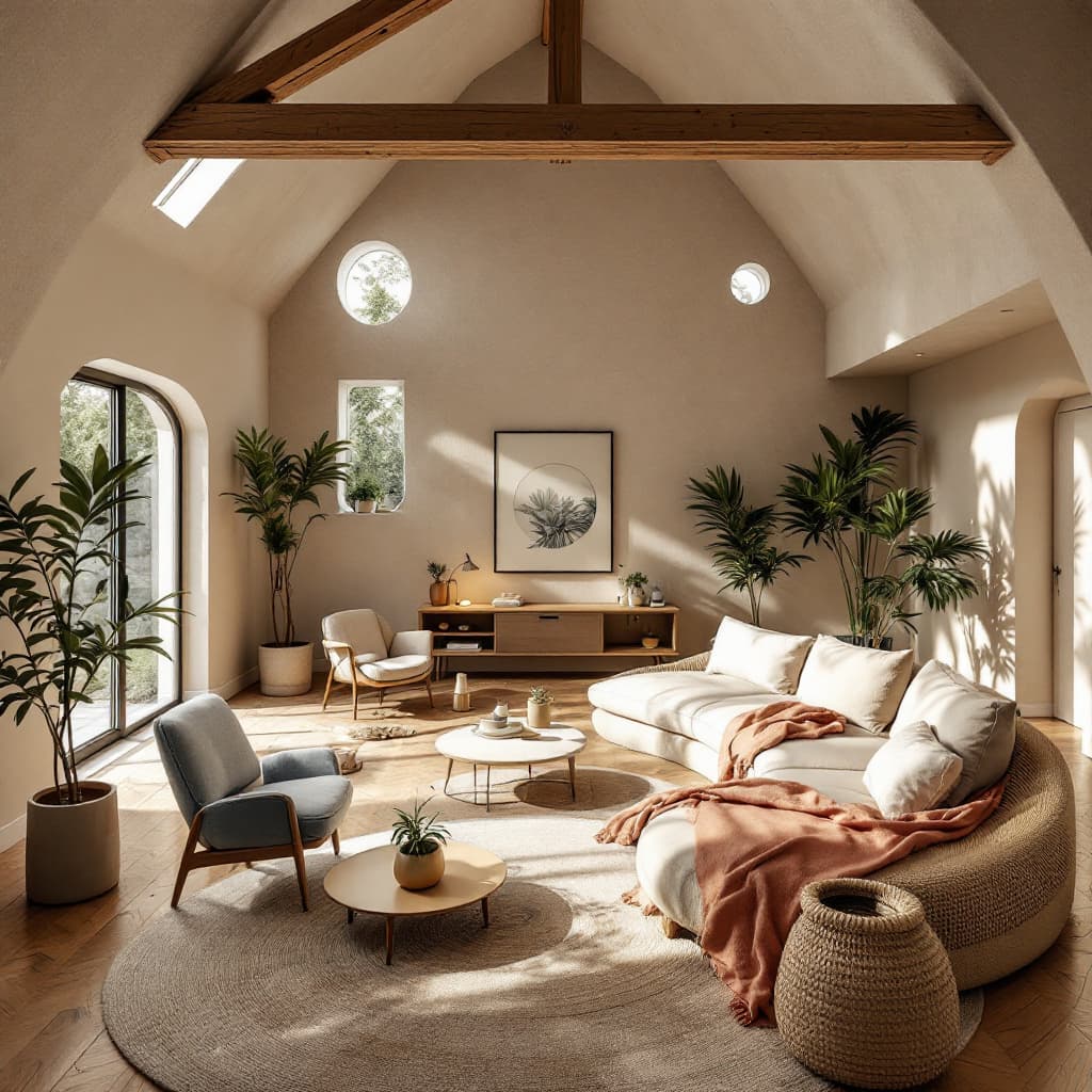 AI generated: High resolution photography interior design, dreamy sunken living room conversation pit, wooden floo...