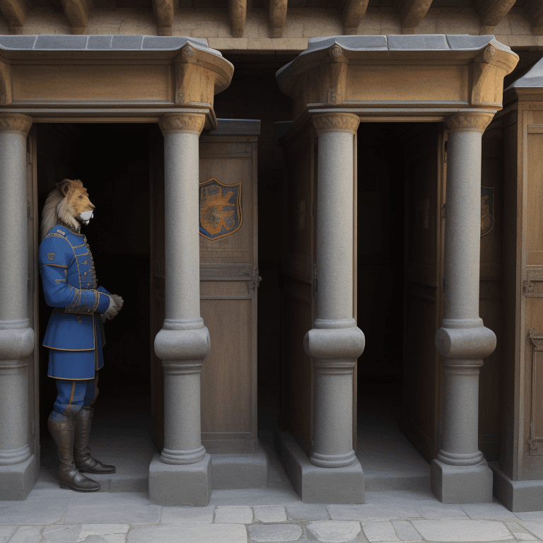 AI generated: Lions standing instead of guards at the guard booths at castle