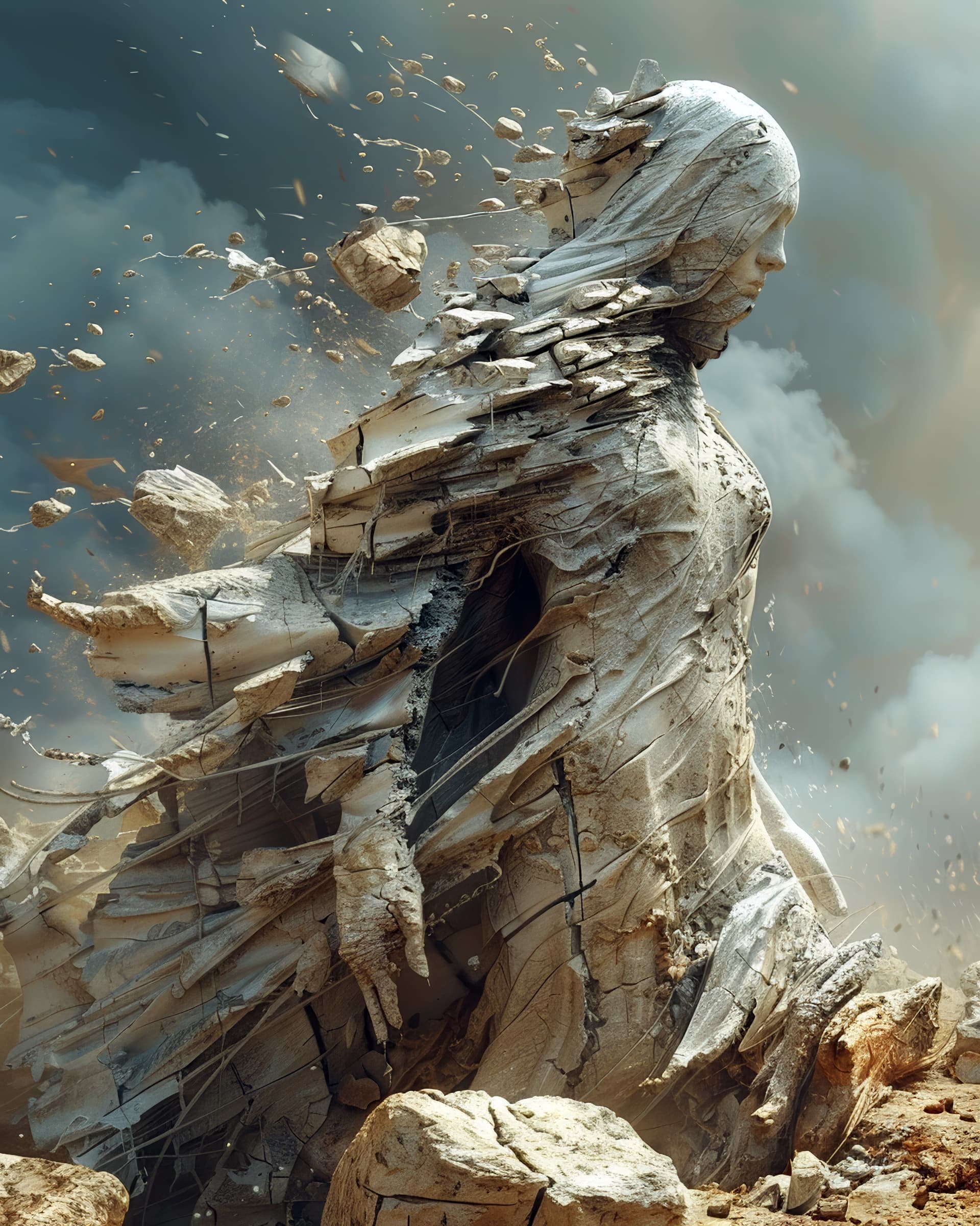 AI generated: broken woman represented by a stone statue breaking apart in the style of an eerie digital painting,...