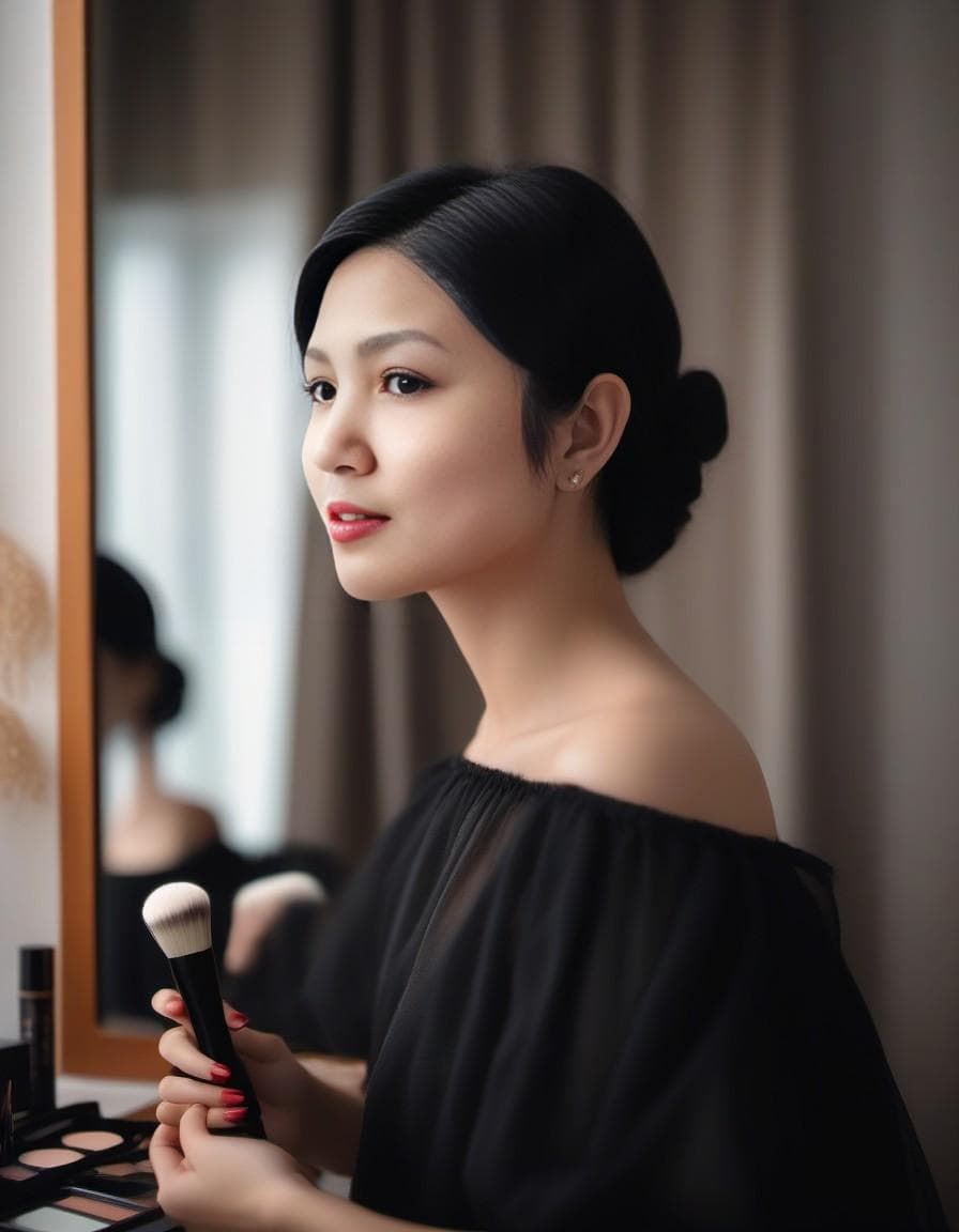 AI generated: A ungly woman with curte hair, wearing beige and applying makeup in front of the mirror at home, pho...