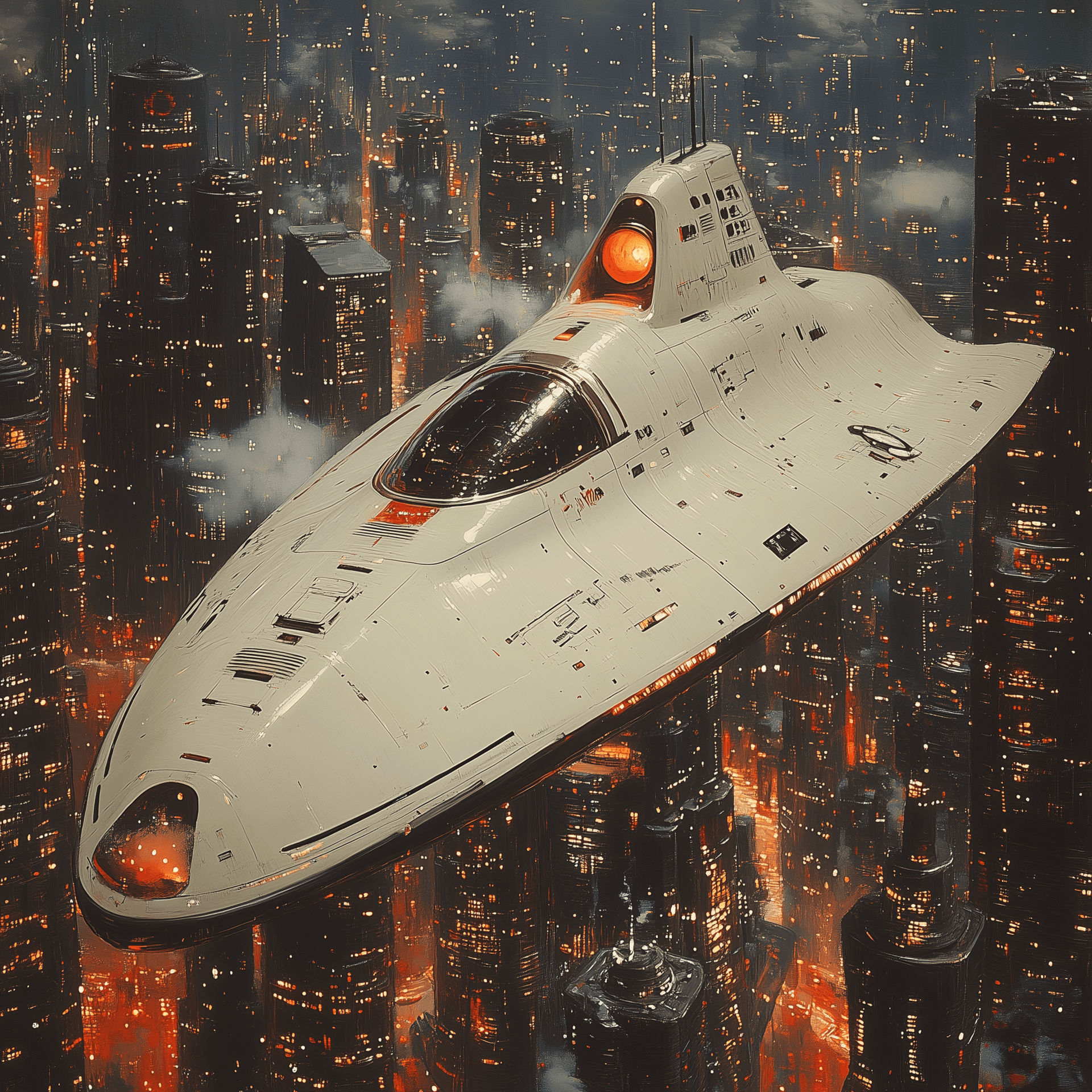 AI generated: 70s science fiction book cover art of an aerodynamic silver space craft with a large rounded front, ...