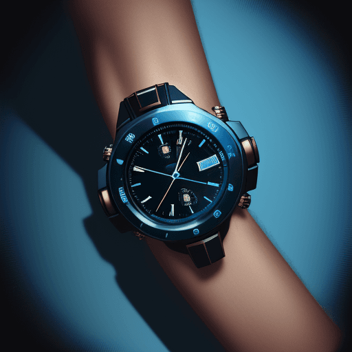 AI generated: a futuristic blue and black wrist watch, shot on Agfa Vista 200, side-angle view, 4k --ar 16:16 --st...