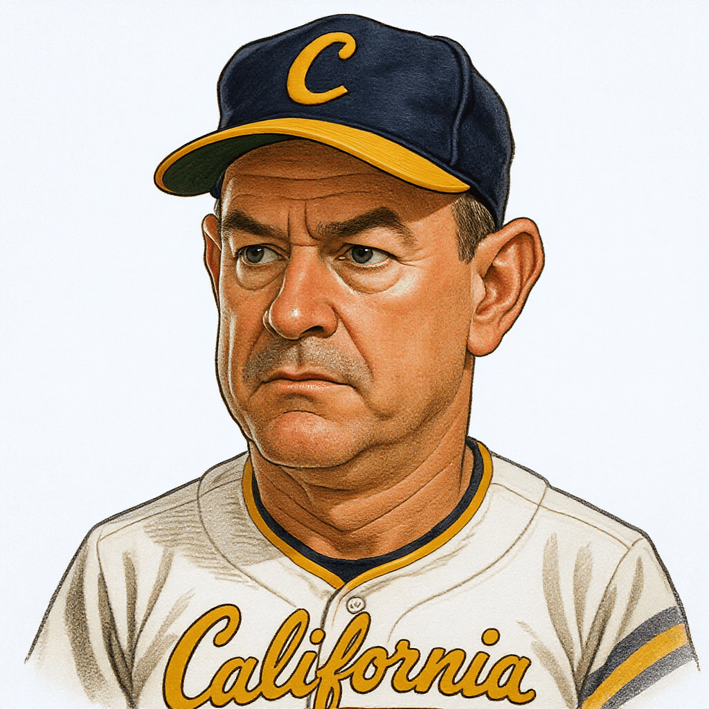 AI generated: Create a color caricature style drawing of Tom Hanks in a classic California team uniform, looking l...