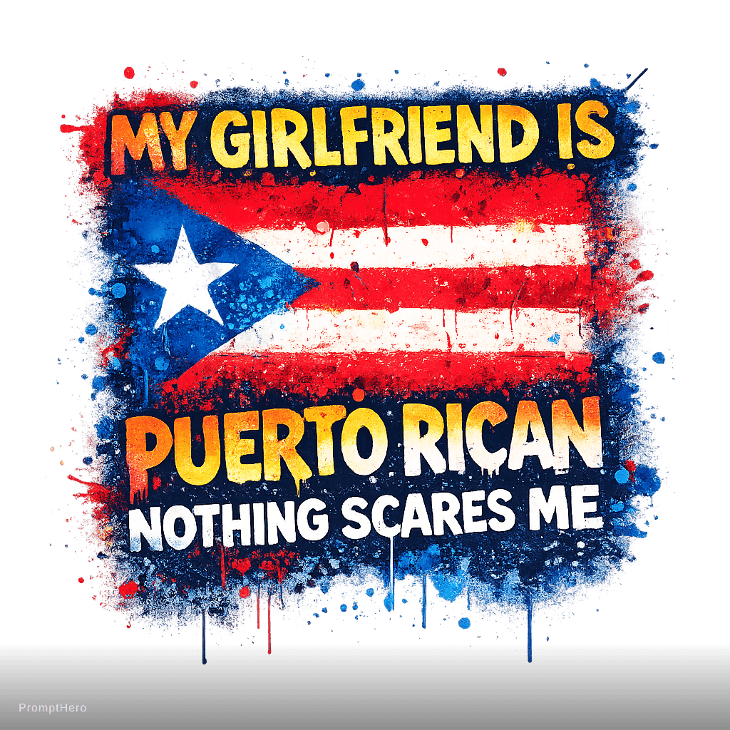 AI generated: urban graffiti t-shirt design, Puerto Rican flag spray paint style, bold graffiti lettering text "MY...