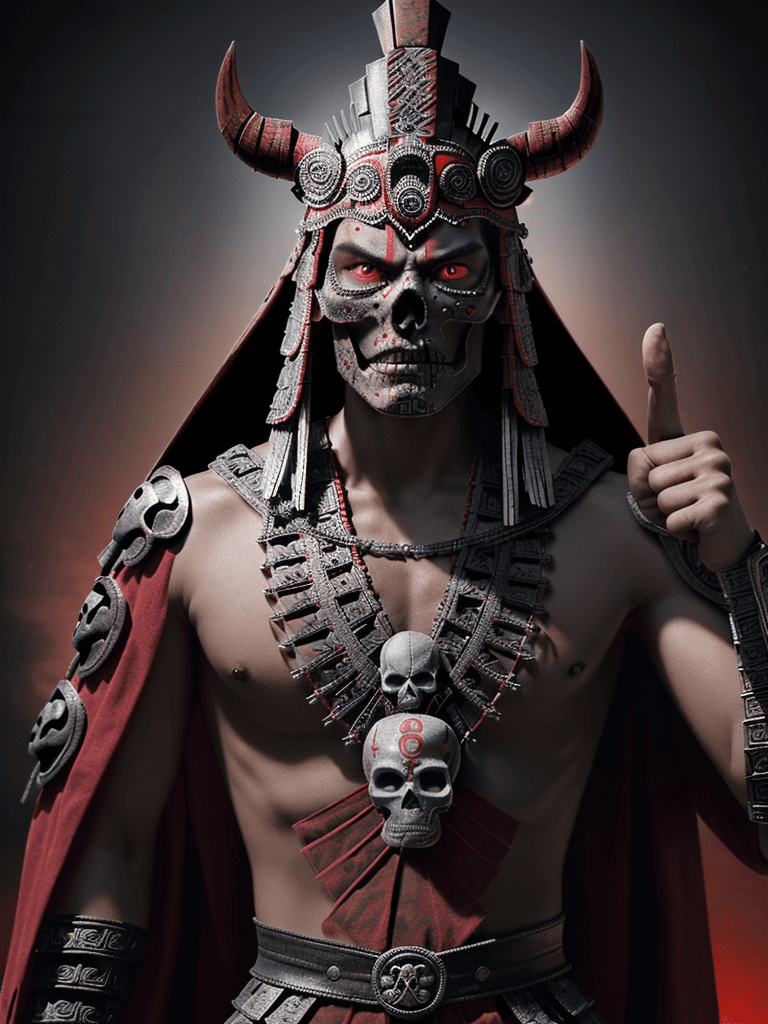 AI generated: A photorealistic digital illustration of an Aztec god with skull face, pointing at viewer and lookin...
