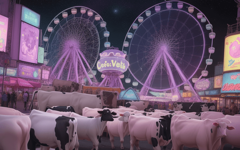 AI generated: cute cows, ambient, carnival, Ferris wheel, pastel purple, outer space, lights, stars, cyberpunk, cu...